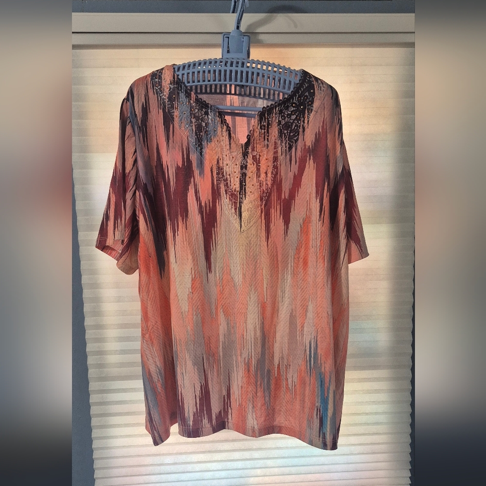 Catherines Short Sleeve Multi Color Blouse With Sequin Neckline. 2X WP